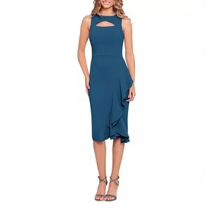 NWOT Betsy & Adam Teal Ruffled Keyhole Sheath Midi Cocktail Dress, size 8